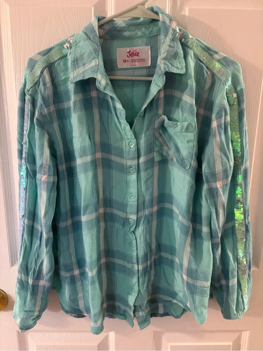 Justice Teal Plaid Button-Down Shirt with Sequin Shoulder Trim